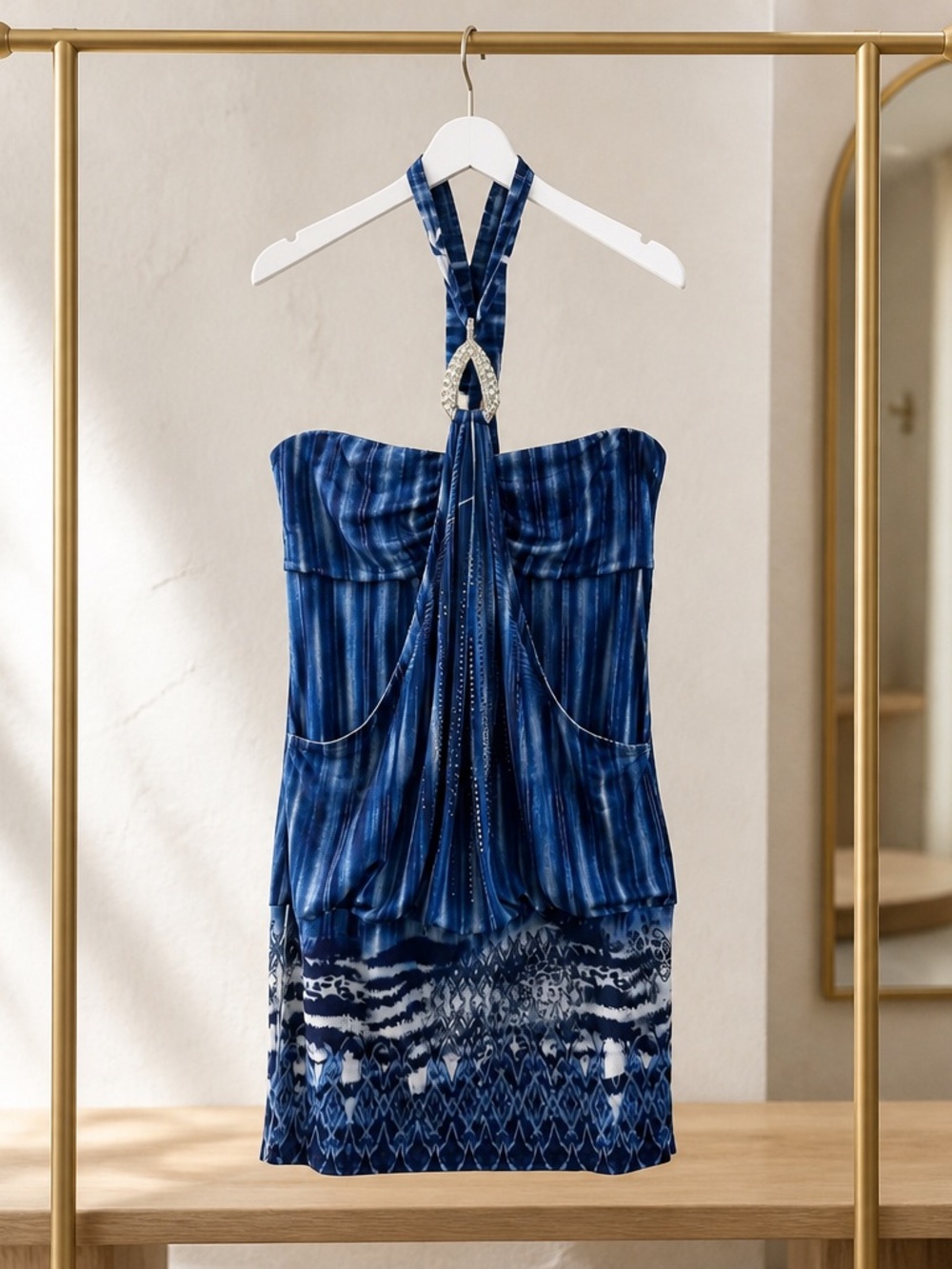 S-Twelve Blue Strapless Halter Tie-Dye Mini Dress with Rhinestone Accent